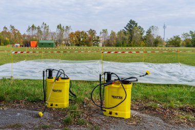Sprayers with atomizers in the area for disinfection and deactivation of radiation. October 12, 2022 Beltsy Moldova