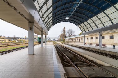 Railway platform at the city station. Editorial background. November 6, 2022 Chisinau Moldova.