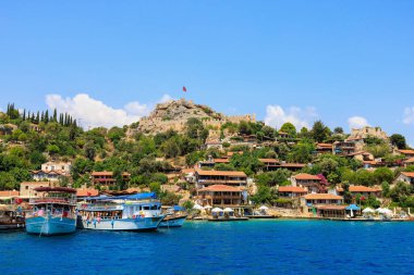 Rocky Turkish coast, a popular tourist route to the island of Kekova. August 10, 2022 Demre Turkey.