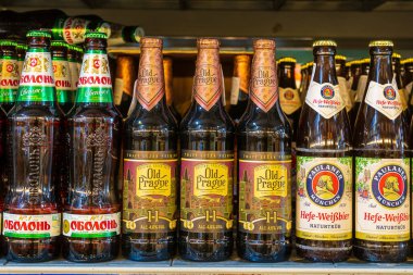 Various bottled beer. Goods in the supermarket. June 15, 2022 Beltsy Moldova.