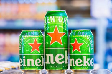 Heineken beer in aluminum cans. Goods in the supermarket. June 15, 2022 Beltsy Moldova.