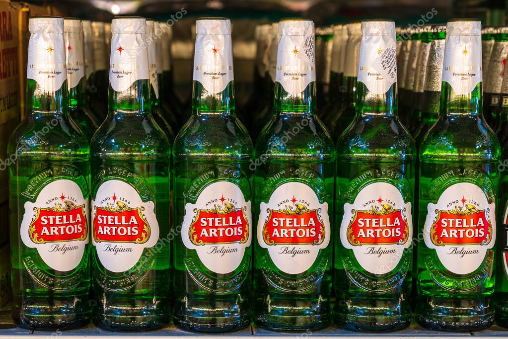 Beer Stella Artois. Goods in the supermarket. June 15, 2022 Beltsy Moldova.