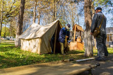 Gas mask test tent with selective focus. Editorial news background. October 11, 2022 Beltsy Moldova.