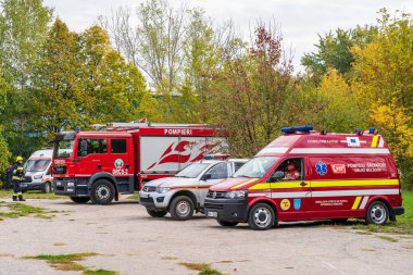 Cars of different services raised on a training alert, an emergency case. October 12, 2022 Balti Moldova.