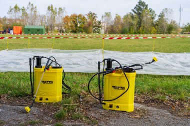 Sprayers with atomizers in the area for disinfection and deactivation of radiation. October 12, 2022 Beltsy Moldova