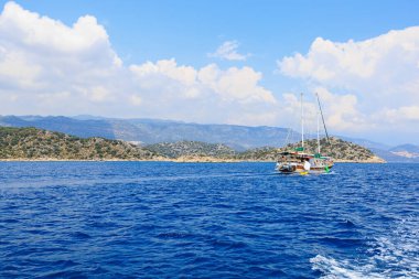 August 10, 2022 Demre, Antalya province, Turkey. Yachts off the Mediterranean coast. Background with copy space for text
