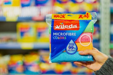 Rag for cleaning dust. Department of cleanliness in the supermarket. October 11, 2022 Beltsy Moldova.