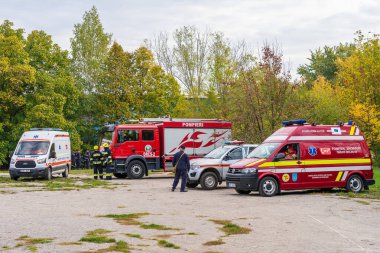 Cars of different services raised on a training alert, an emergency case. October 12, 2022 Balti Moldova.