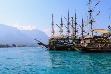 Sea port . Background with copy space. August 9, 2022 Kemer, Antalya province, Turkey.