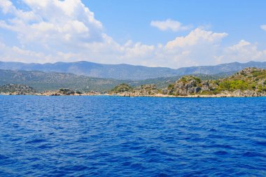 Rocky Turkish coast, a popular tourist route to the island of Kekova. August 10, 2022 Demre Turkey.