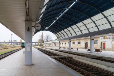 Railway platform at the city station. Editorial background. November 6, 2022 Chisinau Moldova.