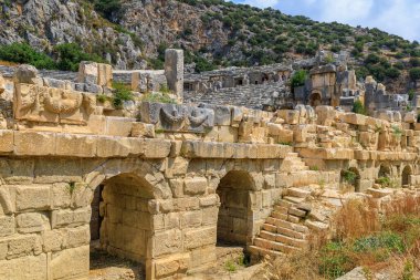 The ruins of the acropolis, the former Kale, one of the main centers of Lycia, the ancient city of Myra. Grandiose ancient buildings. August 10, 2022 Demre, Antalya province, Turkey.