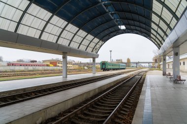 Railway platform at the city station. Editorial background. November 6, 2022 Chisinau Moldova.