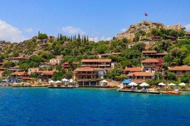 Rocky Turkish coast, a popular tourist route to the island of Kekova. August 10, 2022 Demre Turkey.