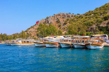 August 10, 2022 Demre, Antalya province, Turkey. Yachts off the Mediterranean coast. Background with copy space for text