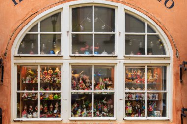 August 22, 2022 Prague, Czech Republic. Window with a showcase of a Christmas shop. Background with selective focus and copy space for text