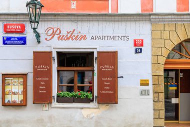 August 25, 2022 Prague, Czech Republic. Pushkin apartments. Background with copy space for text.