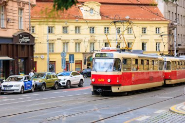 City passenger tram. Eco-friendly electric public transport. August 26, 2022 Prague Czech Republic.