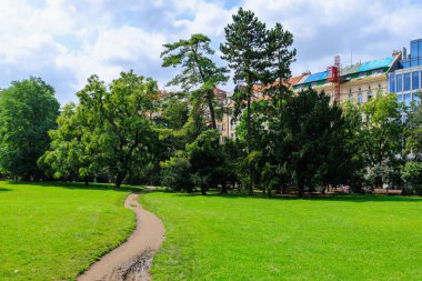 August 26, 2022 Prague, Czech Republic. Path in the city park. Background with selective focus and copy space for text