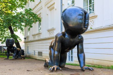Sculpture crawling babies. Top city attractions. Modern Art. August 24, 2022 Prague Czech Republic.