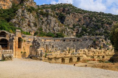 The ruins of the acropolis, the former Kale, one of the main centers of Lycia, the ancient city of Myra. Grandiose ancient buildings. August 10, 2022 Demre, Antalya province, Turkey.