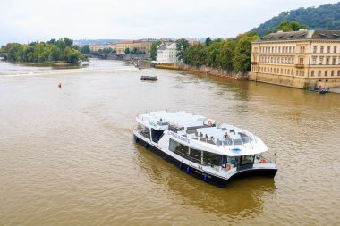 August 24, 2022 Prague, Czech Republic. Pleasure boat on the Vltava river. Background with selective focus and copy space for text