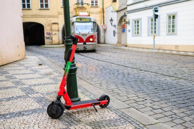 August 24, 2022 Prague, Czech Republic. Rental scooter. Background with selective focus and copy space for text