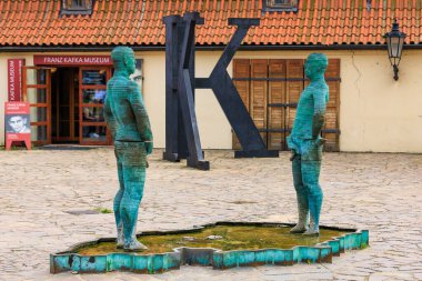 August 25, 2022 Prague, Czech Republic. The famous fountain, the main attraction of Prague next to the Franz Kafka Museum. Background with selective focus and copy space
