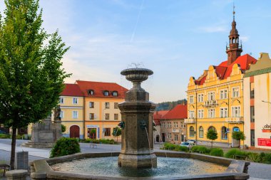 August 25, 2022 Votice Czech Republic. Fountain in a cozy European town. Background with selective focus and copy space
