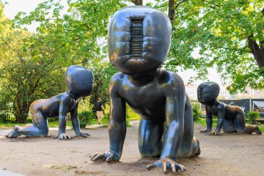 Sculpture crawling babies. Top city attractions. Modern Art. August 24, 2022 Prague Czech Republic.