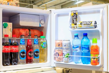 Mini fridge for drinks. Goods in the supermarket. May 26, 2022 Beltsy Moldova