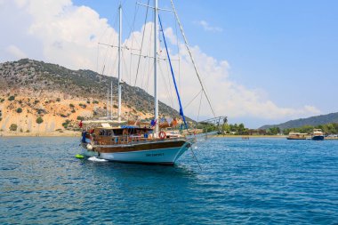 August 10, 2022 Demre, Antalya province, Turkey. Yachts off the Mediterranean coast. Background with copy space for text