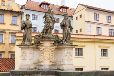 August 24, 2022 Prague, Czech Republic. Antique sculptures on the Charles Bridge. Background with copy space