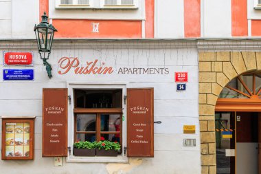 August 25, 2022 Prague, Czech Republic. Pushkin apartments. Background with copy space for text.
