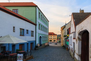 August 25, 2022 Votice Czech Republic. Narrow cozy European streets. Background with selective focus and copy space
