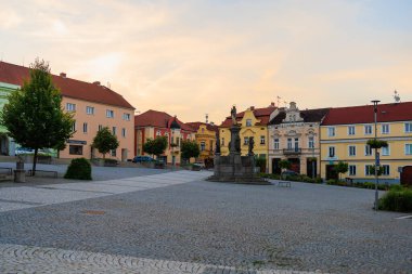 August 25, 2022 Votice Czech Republic. The central square of a small cozy European city with classical architecture after sunset. Background with selective focus and copy space