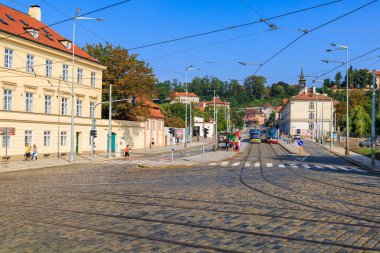August 27, 2022 Prague, Czech Republic. Street of the tourist part of the city with tram tracks. Background with selective focus and copy space for text