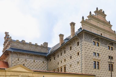 August 22, 2022 Prague, Czech Republic. Houses of old classical European architecture. Background with copy space for text.