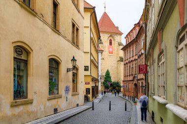 August 24, 2022 Prague, Czech Republic. Narrow cozy streets with classical architecture. Background with selective focus and copy space for text
