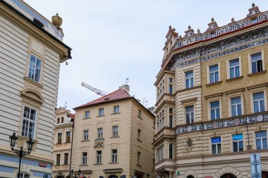 August 23, 2022 Prague, Czech Republic. Houses of old classical European architecture. Background with copy space for text.