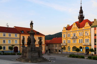 August 25, 2022 Votice Czech Republic. The central square of a small cozy European city with classical architecture after sunset. Background with selective focus and copy space