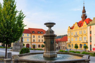 August 25, 2022 Votice Czech Republic. Fountain in a cozy European town. Background with selective focus and copy space
