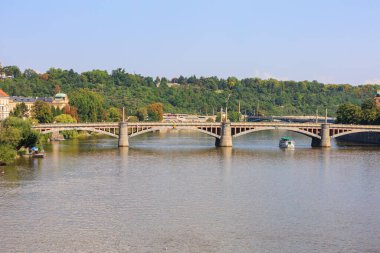 August 27, 2022 Prague, Czech Republic. Bridge over the Vltava river. Background with selective focus and copy space for text