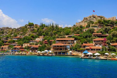 Rocky Turkish coast, a popular tourist route to the island of Kekova. August 10, 2022 Demre Turkey.