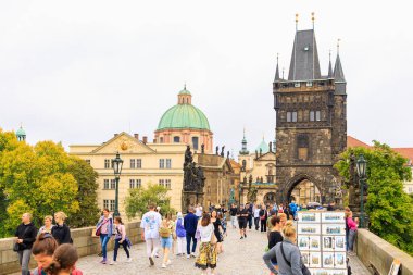 August 24, 2022 Prague, Czech Republic. Antique sculptures on the Charles Bridge. Background with copy space