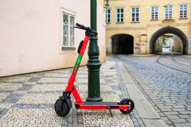 August 24, 2022 Prague, Czech Republic. Rental scooter. Background with selective focus and copy space for text