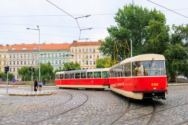 City passenger tram. Eco-friendly electric public transport. August 24, 2022 Prague Czech Republic.