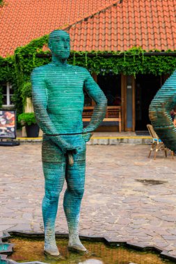August 25, 2022 Prague, Czech Republic. The famous fountain, the main attraction of Prague next to the Franz Kafka Museum. Background with selective focus and copy space