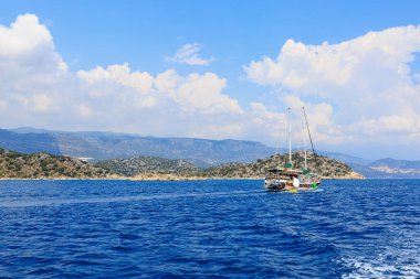 August 10, 2022 Demre, Antalya province, Turkey. Yachts off the Mediterranean coast. Background with copy space for text