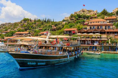 Rocky Turkish coast, a popular tourist route to the island of Kekova. August 10, 2022 Demre Turkey.